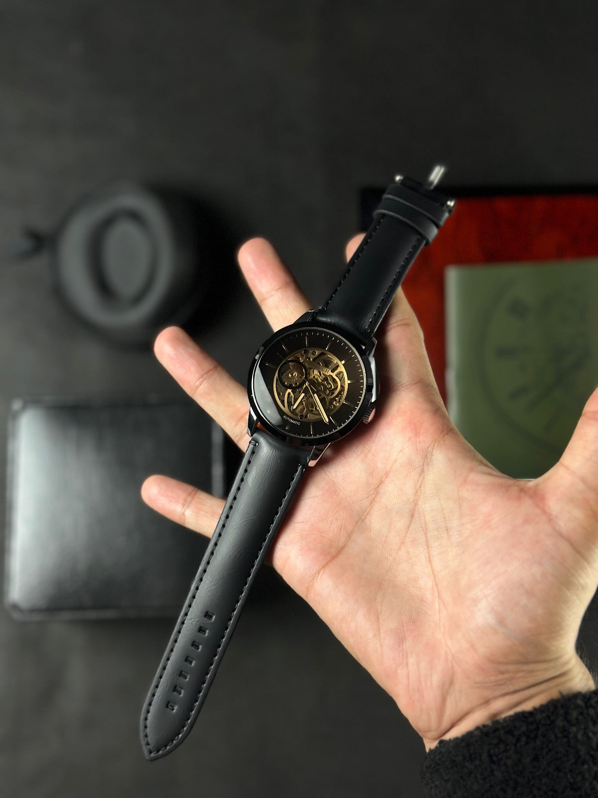 INSUCH ORIGINAL AUTOMATIC SKELETON - GOLDEN BLACK DIAL WITH SILVER CASE - BLACK STRAPS WATCH