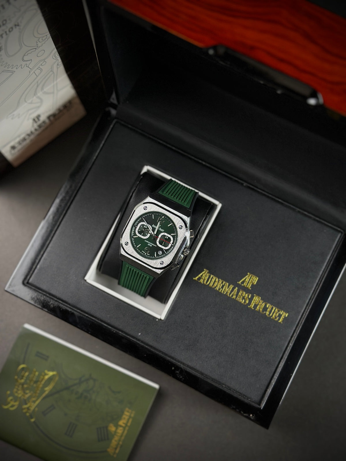 AP CHRONOGRAPH - SILVER CASE GREEN DIAL & SILICONE STRAPS WATCH