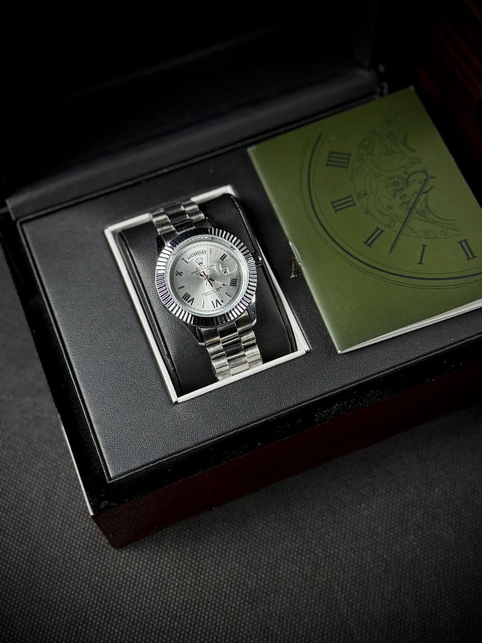RLX DAY DATE - ROMAN NUMERALS SILVER CASE WITH WHITE DIAL WATCH