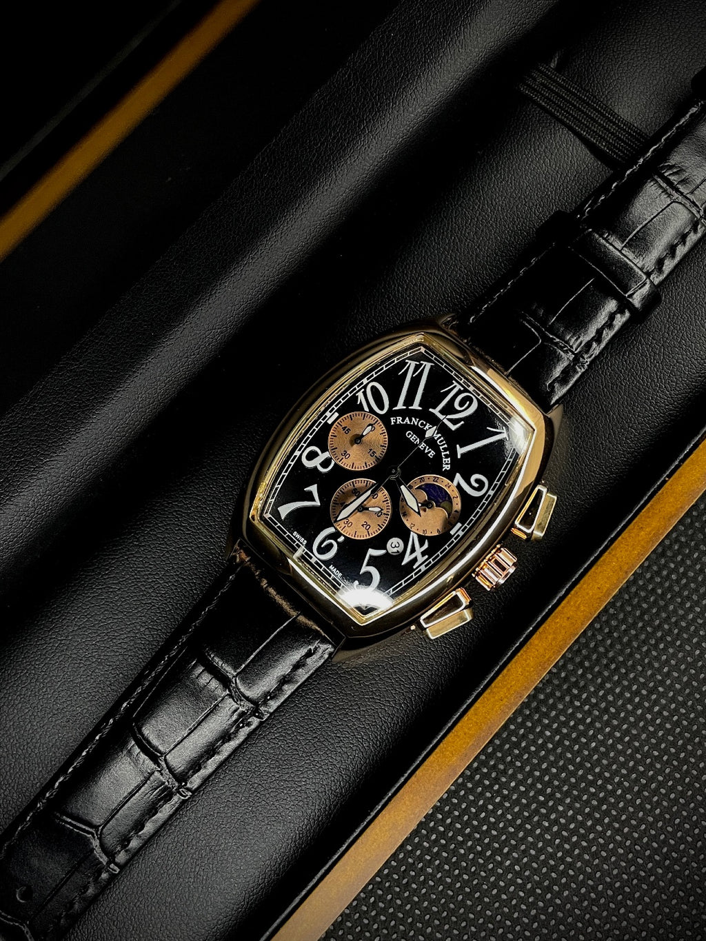 FM CHRONO WORKING WATCH - COPPER CASE BLACK DIAL - BLACK STRAPS WATCH