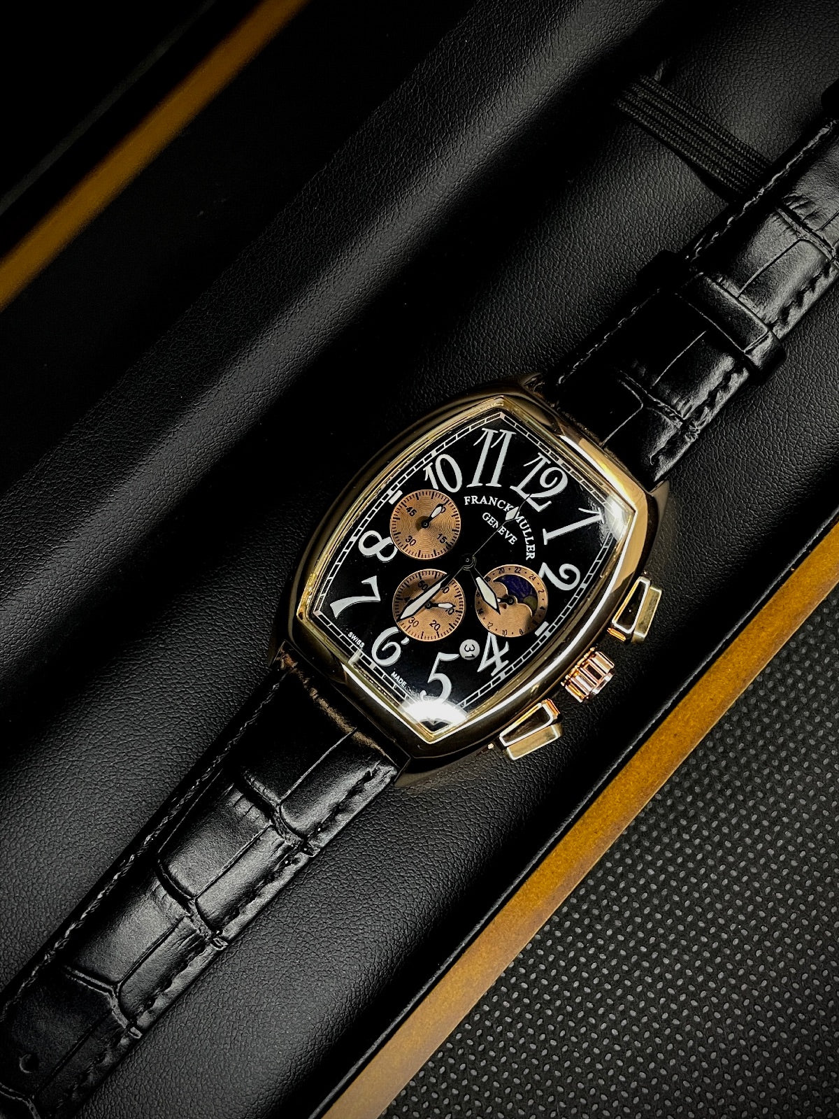 FM CHRONO WORKING WATCH - COPPER CASE BLACK DIAL - BLACK STRAPS WATCH
