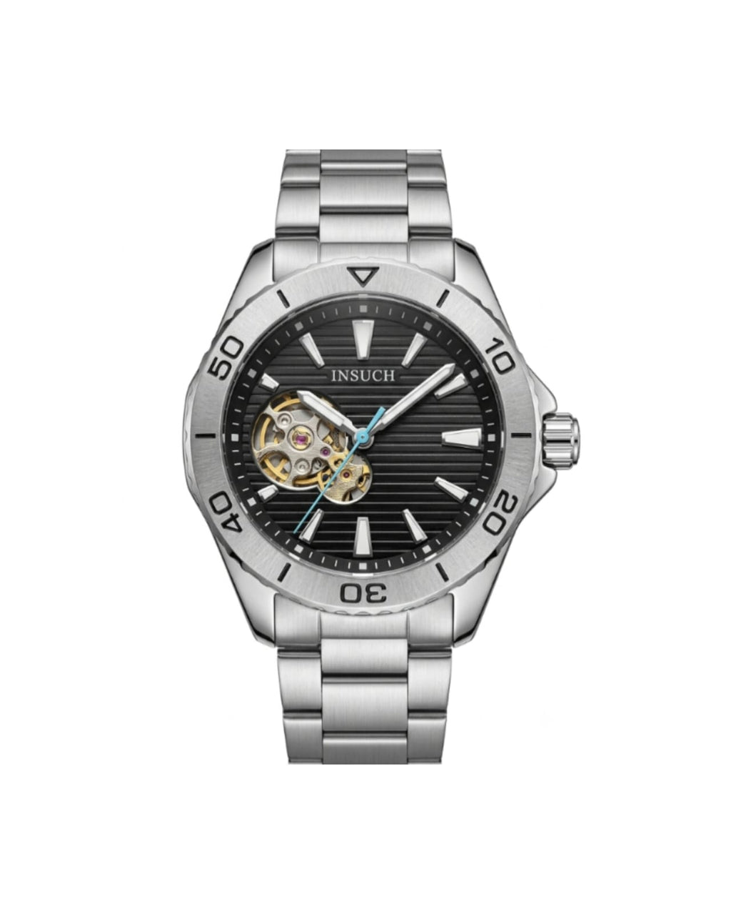 INSUCH ORIGINAL AUTOMATIC OPEN HEART - BLACK DIAL WITH SILVER CASE WATCH