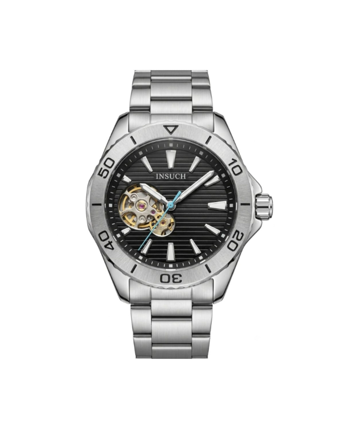 INSUCH ORIGINAL AUTOMATIC OPEN HEART - BLACK DIAL WITH SILVER CASE WATCH