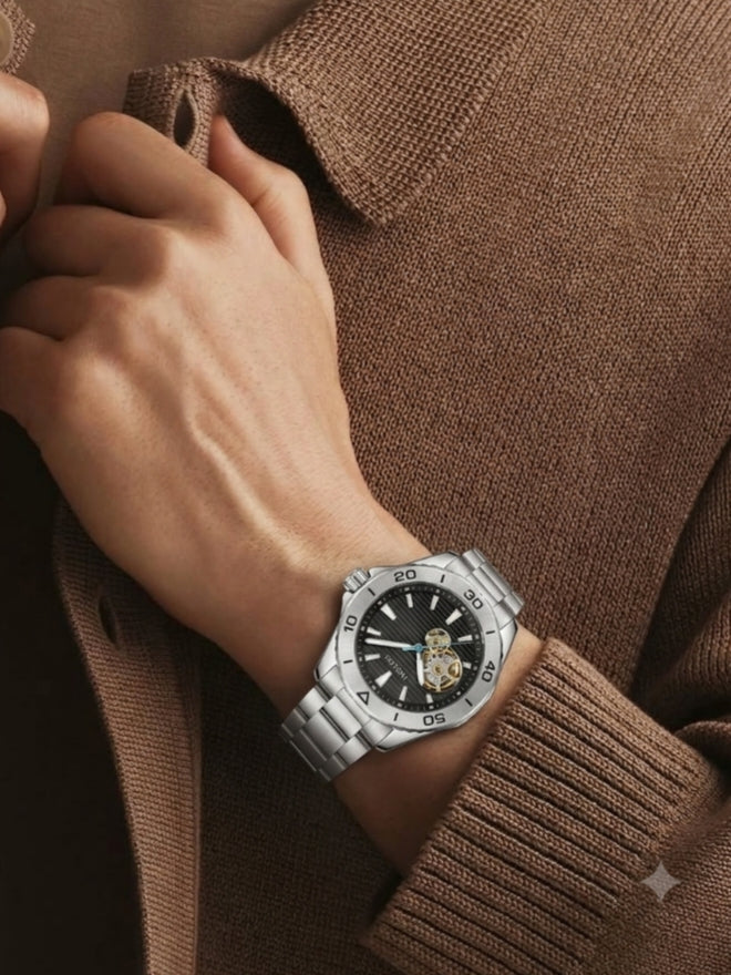 INSUCH ORIGINAL AUTOMATIC OPEN HEART - BLACK DIAL WITH SILVER CASE WATCH