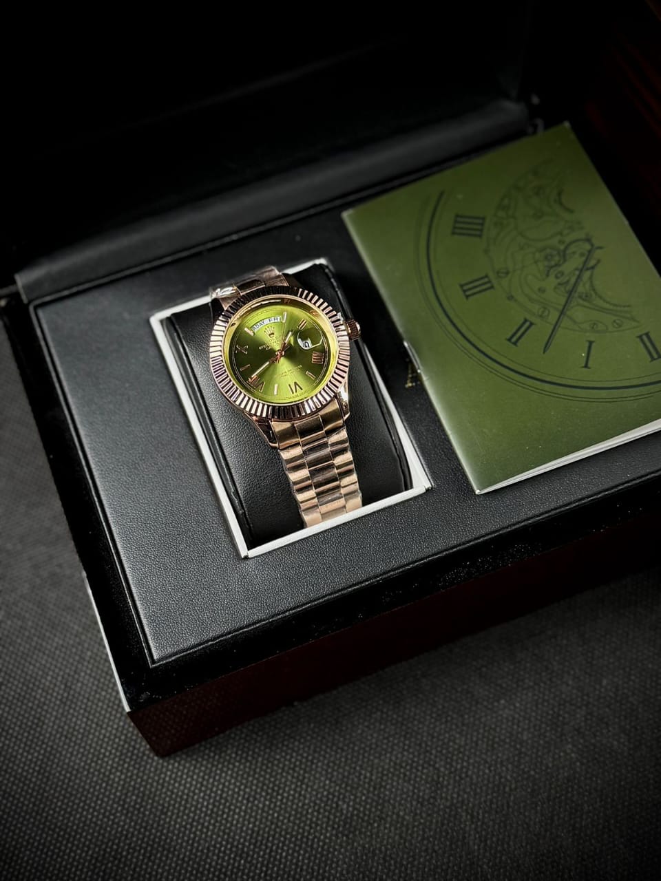 RLX DAY DATE - ROMAN NUMERALS COPPER CASE WITH OLIVE DIAL WATCH
