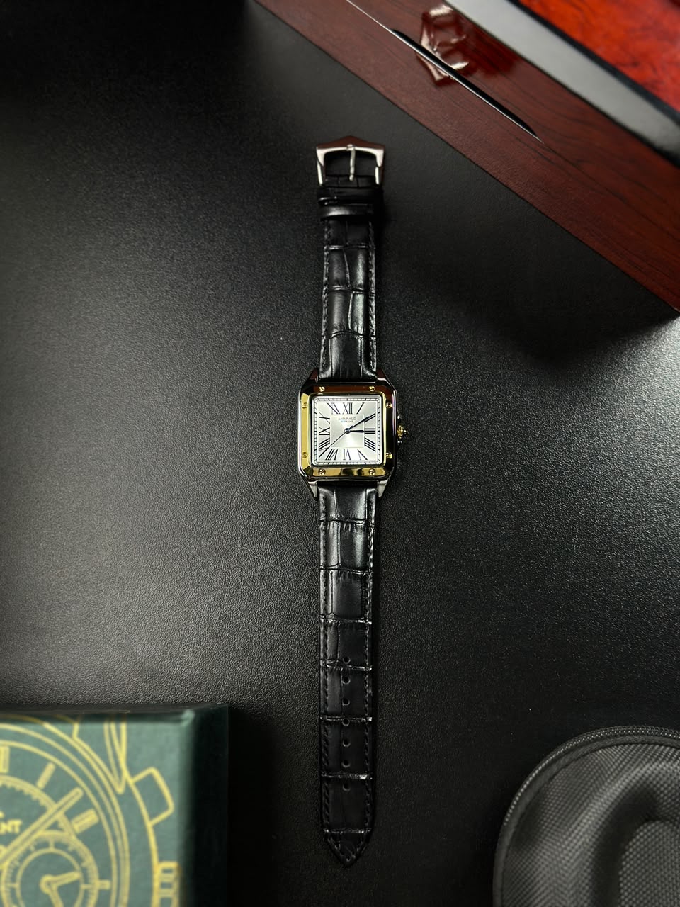 EMRLD DUMONT - SILVER & GOLDEN CASE WHITE DIAL WITH SHINE BLACK STRAPS