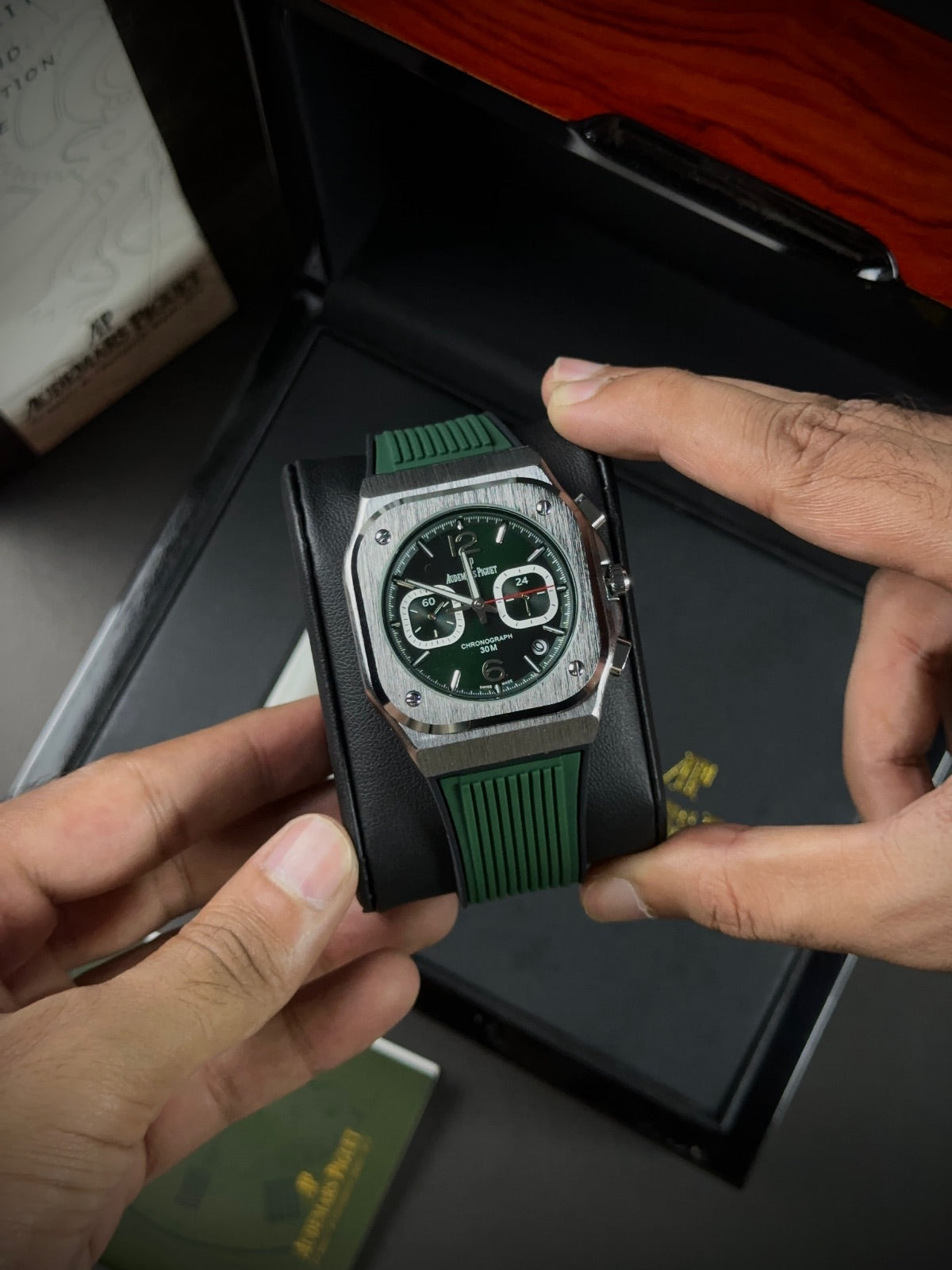 AP CHRONOGRAPH - SILVER CASE GREEN DIAL & SILICONE STRAPS WATCH