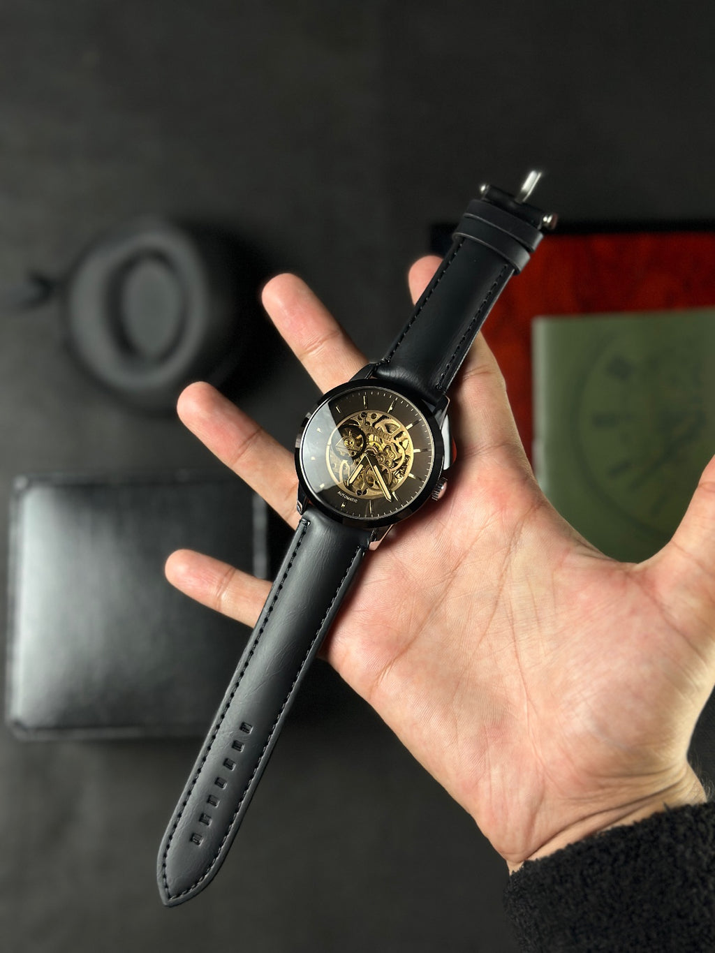 INSUCH ORIGINAL AUTOMATIC SKELETON - GOLDEN BLACK DIAL WITH SILVER CASE - BLACK STRAPS WATCH