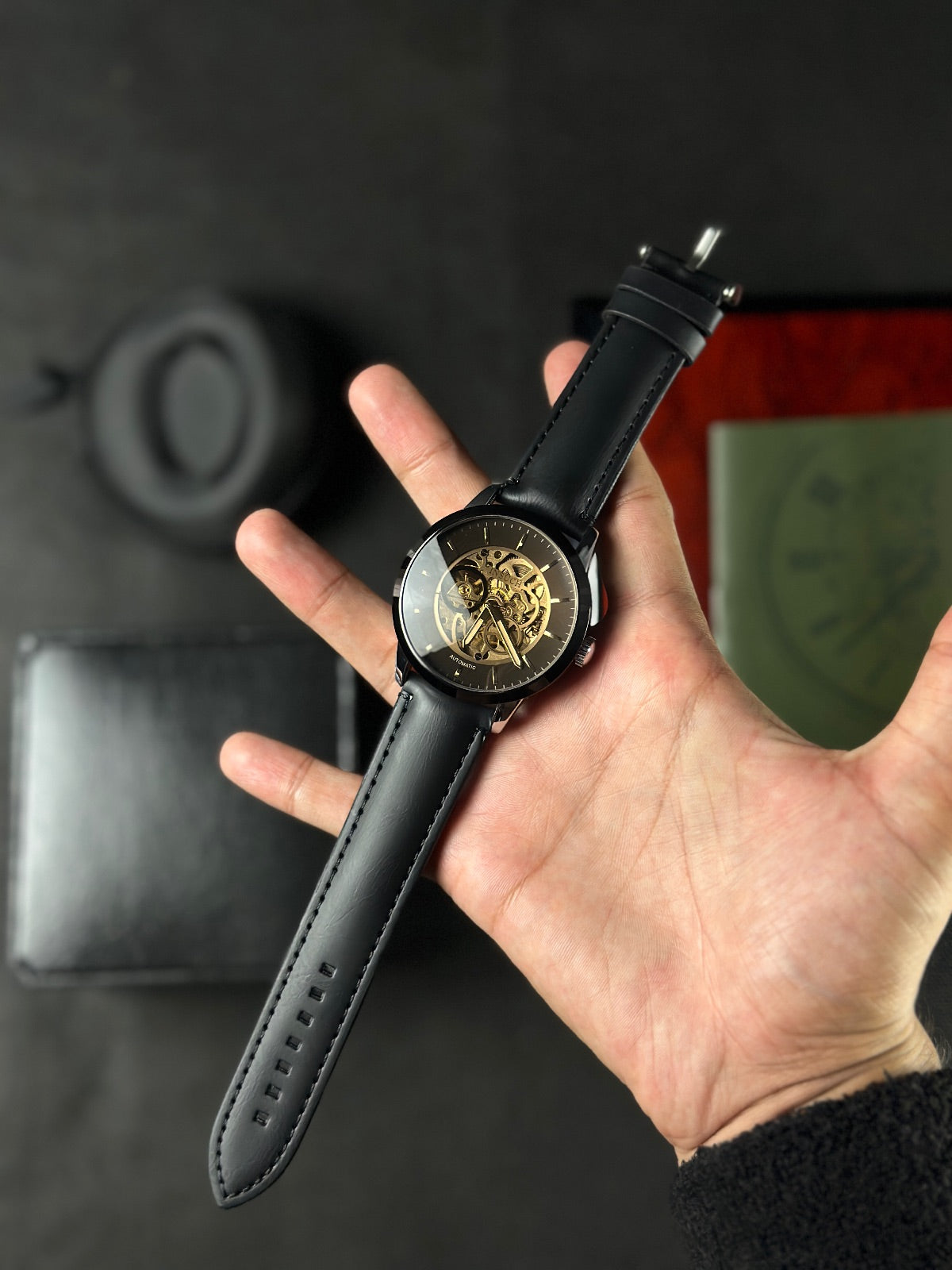 INSUCH ORIGINAL AUTOMATIC SKELETON - GOLDEN BLACK DIAL WITH SILVER CASE - BLACK STRAPS WATCH