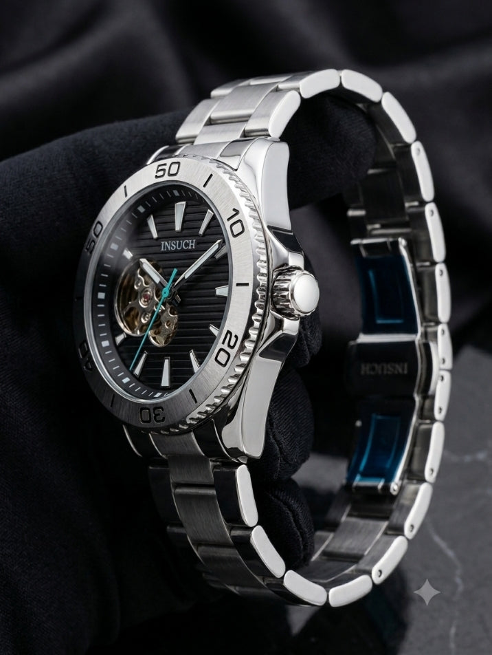 INSUCH ORIGINAL AUTOMATIC OPEN HEART - BLACK DIAL WITH SILVER CASE WATCH