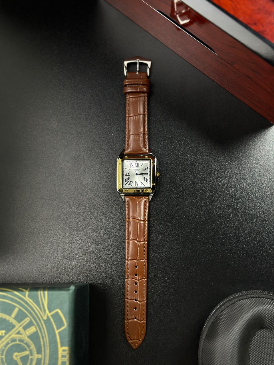 EMRLD DUMONT - SILVER & GOLDEN CASE WHITE DIAL WITH SHINE BROWN STRAPS