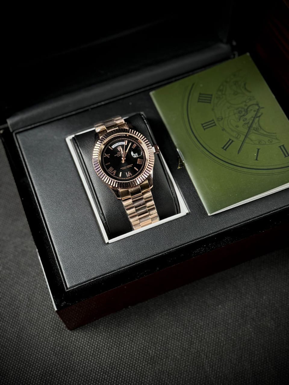 RLX DAY DATE - ROMAN NUMERALS COPPER CASE WITH BLACK DIAL WATCH