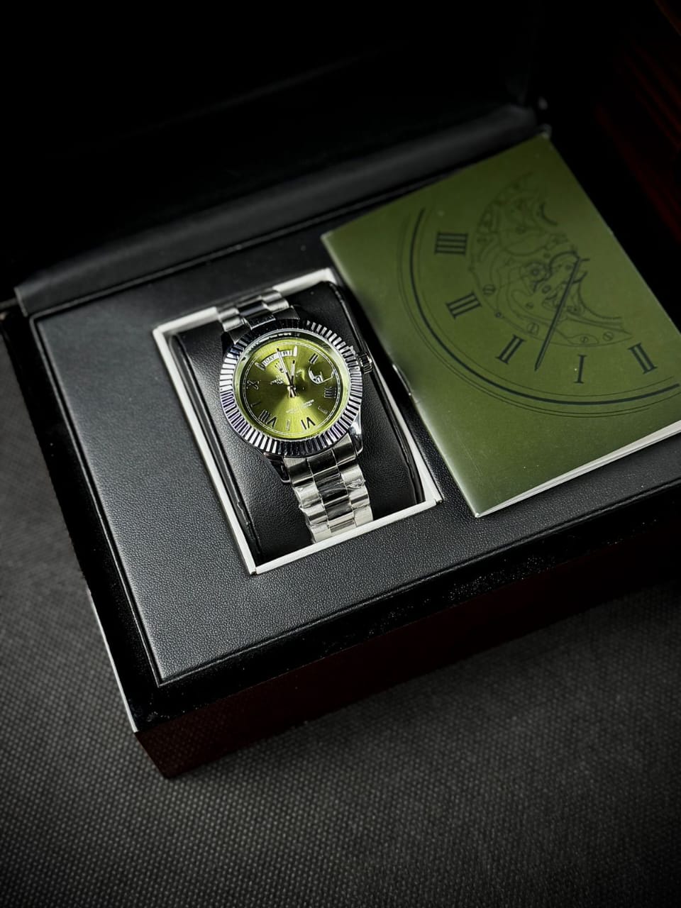 RLX DAY DATE - ROMAN NUMERALS SILVER CASE WITH OLIVE DIAL WATCH