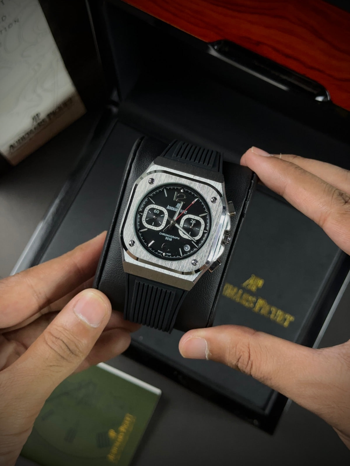 AP CHRONOGRAPH - SILVER CASE X BLACK DIAL & SILICONE STRAPS WATCH