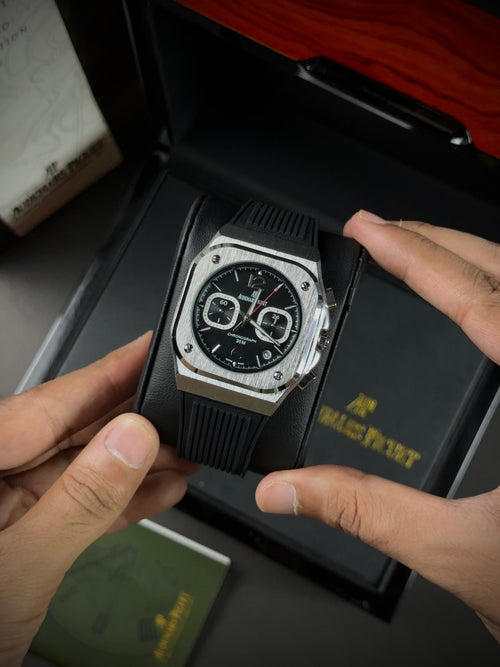 AP CHRONOGRAPH - SILVER CASE X BLACK DIAL & SILICONE STRAPS WATCH