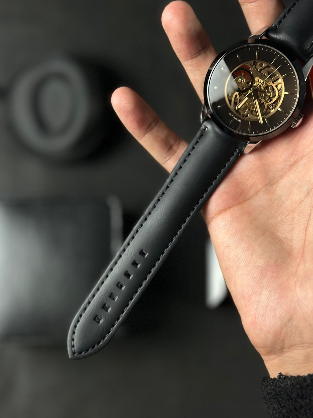 INSUCH ORIGINAL AUTOMATIC SKELETON - GOLDEN BLACK DIAL WITH SILVER CASE - BLACK STRAPS WATCH