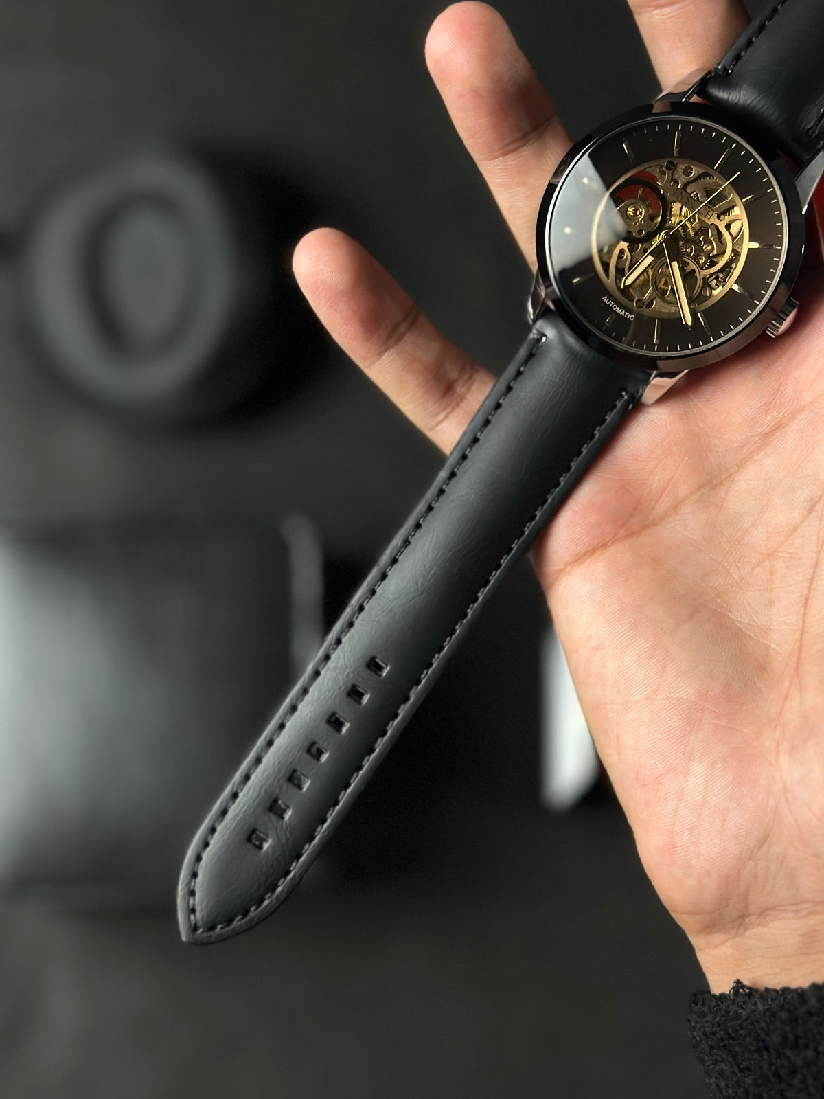 INSUCH ORIGINAL AUTOMATIC SKELETON - GOLDEN BLACK DIAL WITH SILVER CASE - BLACK STRAPS WATCH