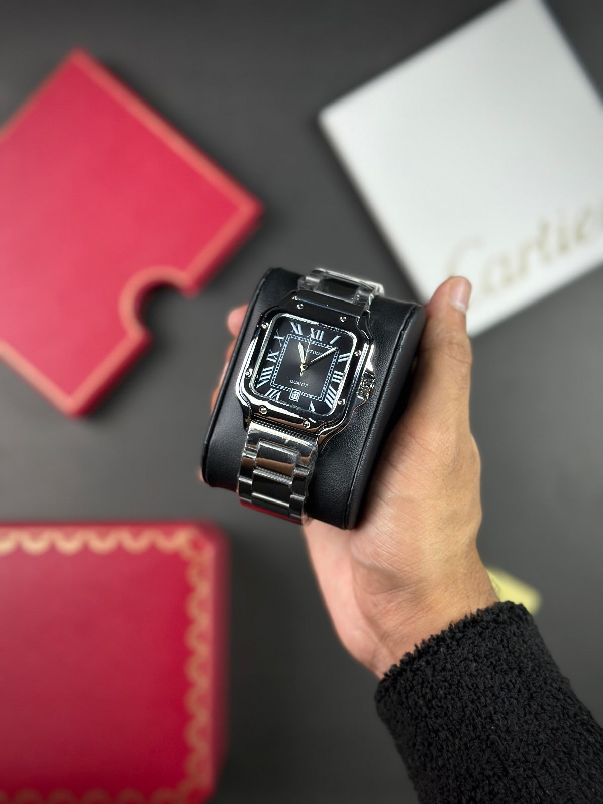 CTR SANTOS BLACK DIAL SILVER CASE - HEAVYWEIGHT WATCH