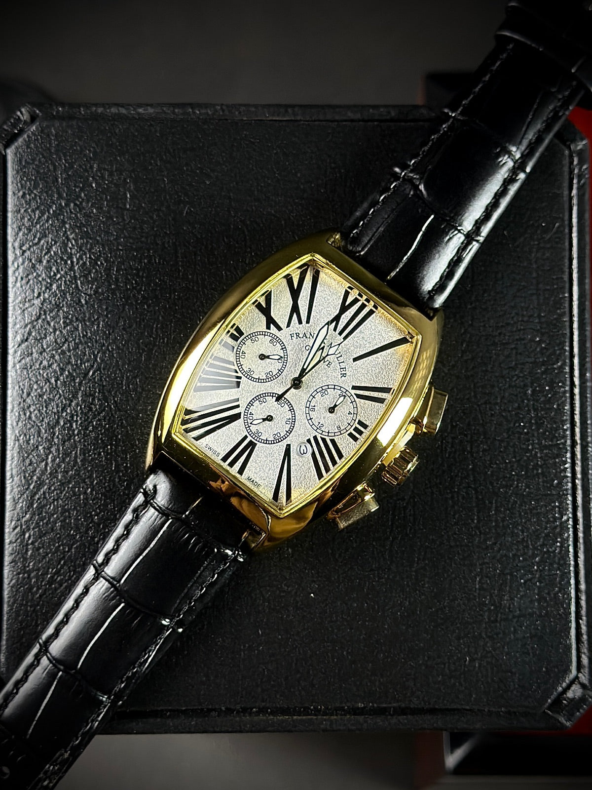FM - SILENT LUXURY - WHIITE DIAL GOLDEN CASE WITH PREMIUM BLACK LEATHER STRAPS