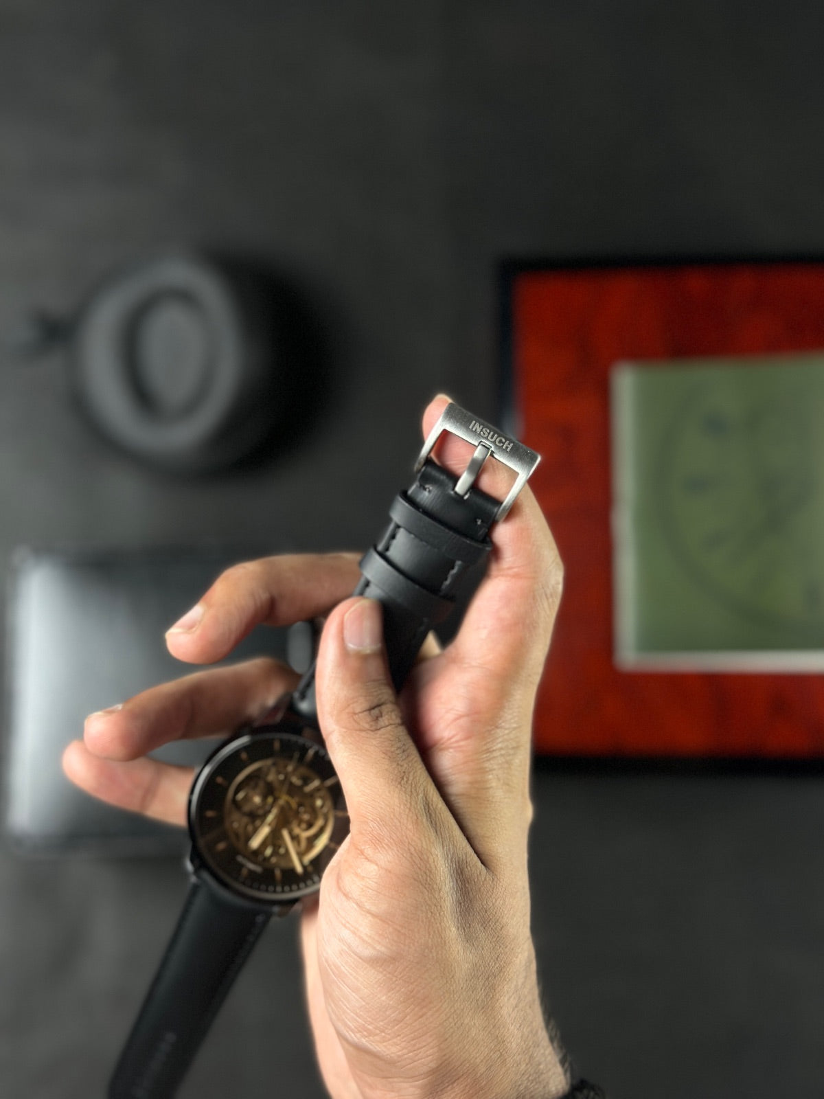 INSUCH ORIGINAL AUTOMATIC SKELETON - GOLDEN BLACK DIAL WITH SILVER CASE - BLACK STRAPS WATCH