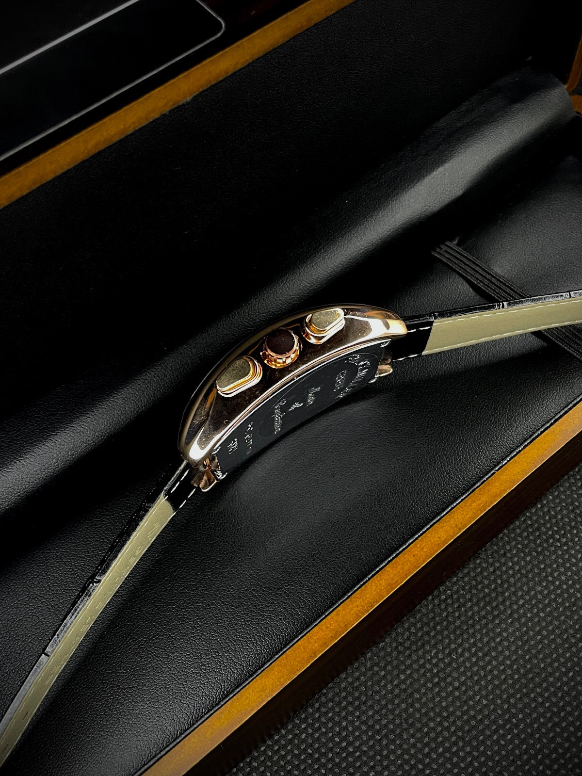 FM CHRONO WORKING WATCH - COPPER CASE BLACK DIAL - BLACK STRAPS WATCH