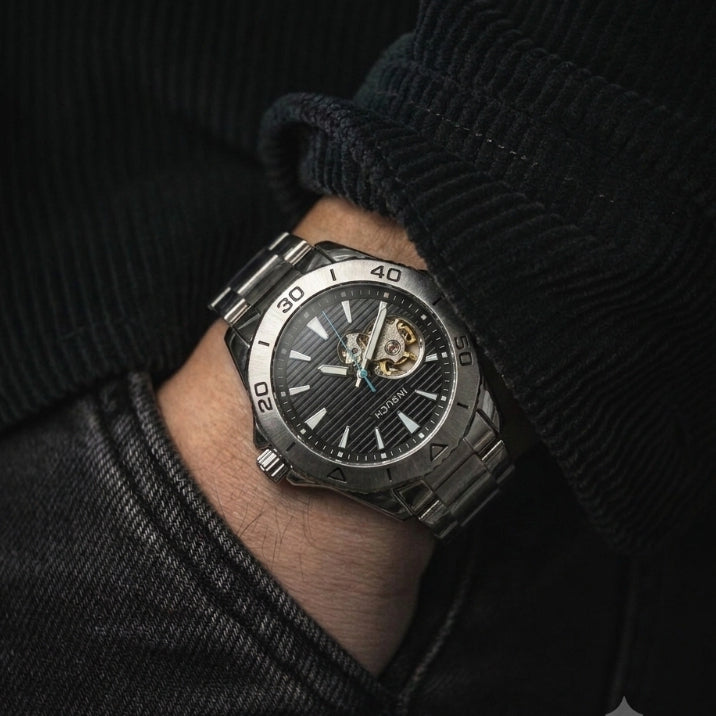 INSUCH ORIGINAL AUTOMATIC OPEN HEART - BLACK DIAL WITH SILVER CASE WATCH