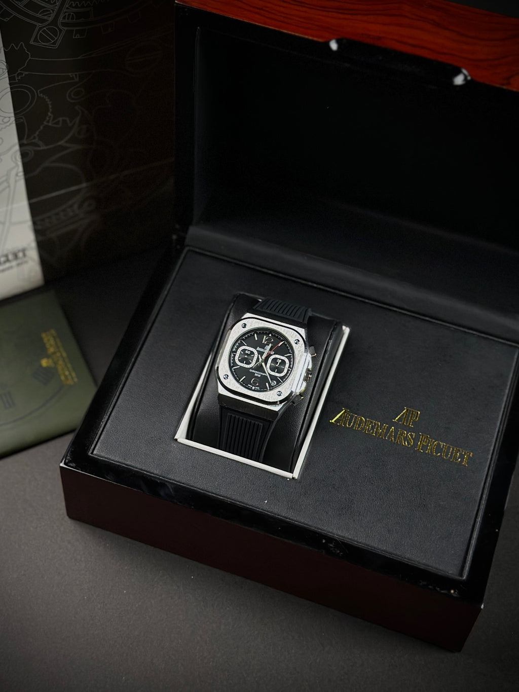 AP CHRONOGRAPH - SILVER CASE X BLACK DIAL & SILICONE STRAPS WATCH