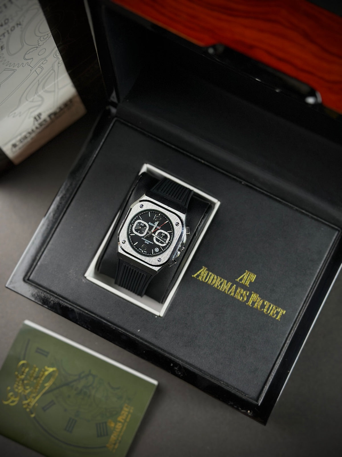 AP CHRONOGRAPH - SILVER CASE X BLACK DIAL & SILICONE STRAPS WATCH