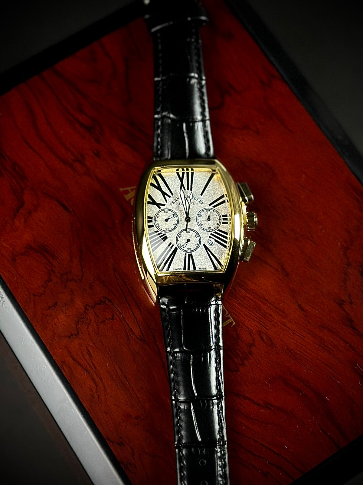 FM - SILENT LUXURY - WHIITE DIAL GOLDEN CASE WITH PREMIUM BLACK LEATHER STRAPS