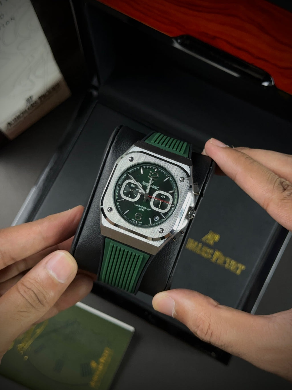 AP CHRONOGRAPH - SILVER CASE GREEN DIAL & SILICONE STRAPS WATCH